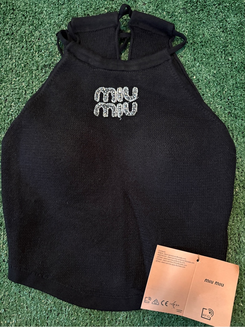Miu Miu Black Halter Knit Camisole with Crystal Logo SIZE M